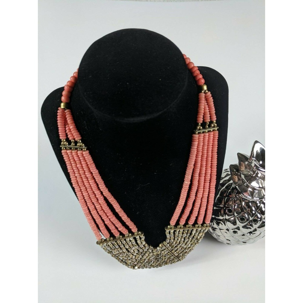 MULTI STRAND CORAL MIXED METAL BEADED COLLAR BIB STATEMENT NECKLACE 18"